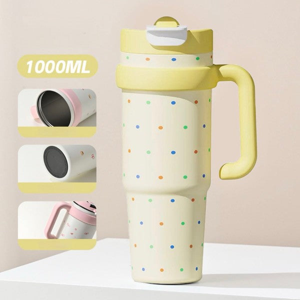 1000ml cute polka dots yellow stainless steel tumbler with lid and straw