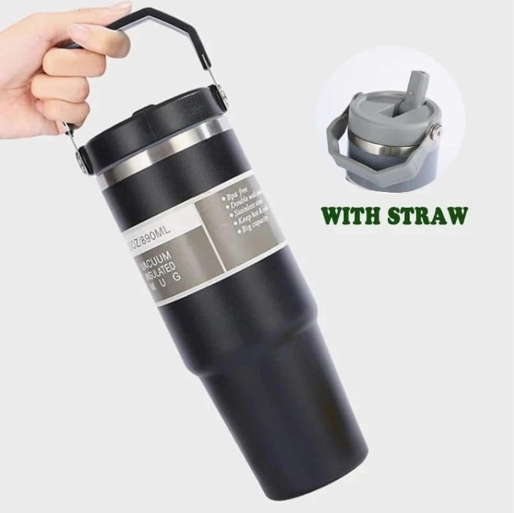 Black insulated tumbler with handle and straw lid