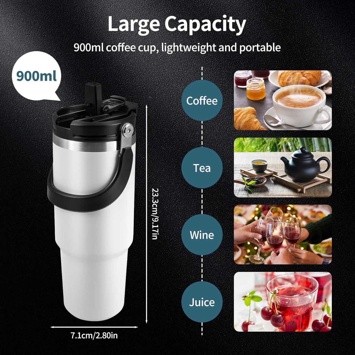 900ml coffee cup with capacity details and usage scenarios