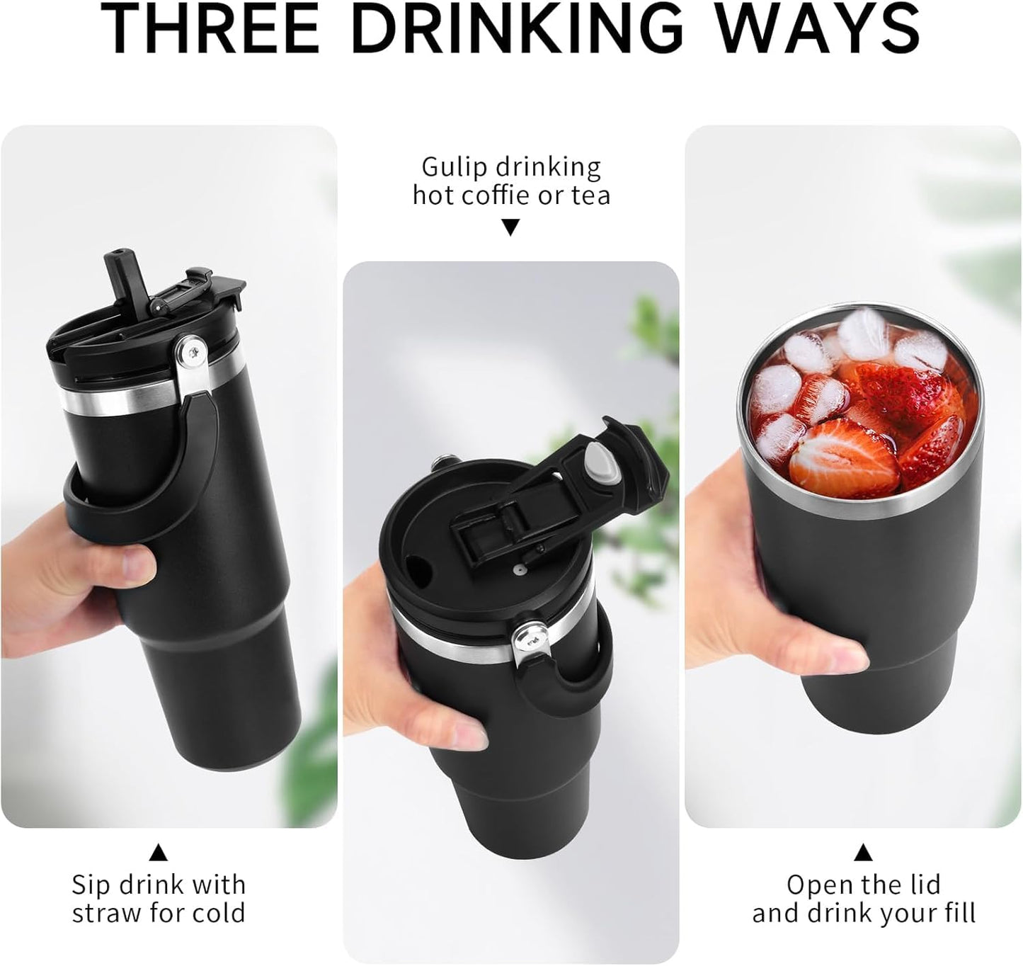 Black insulated tumbler with various drinking methods shown on a white background