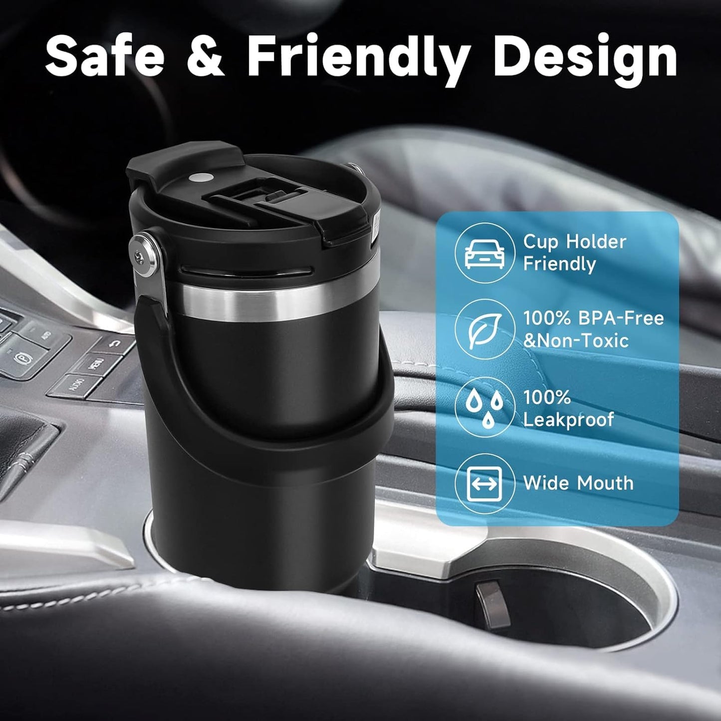 Black travel mug in a car cup holder with safety features highlighted.