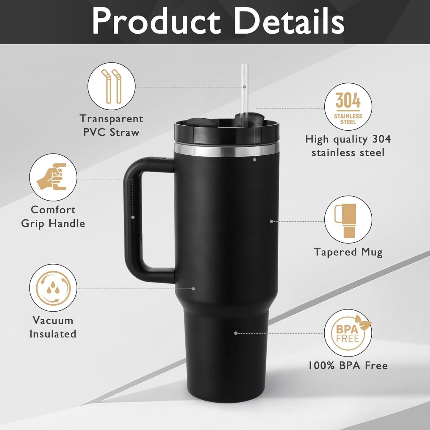 Black travel tumbler 1200ml with features highlighted on a gray background