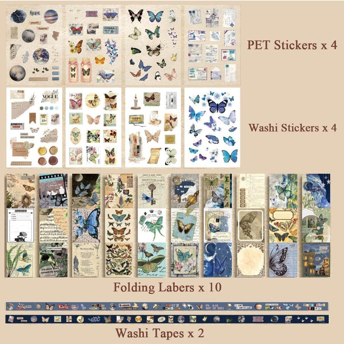 Butterfly Garden Scrapbooking Kit items, including stickers, labels, and tapes , washi taps , stickers
