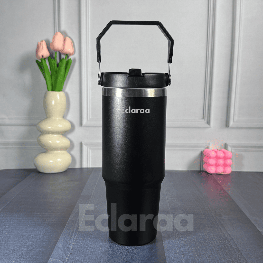 900ml Black insulated tumbler with handle ,Eclaraa branding visible