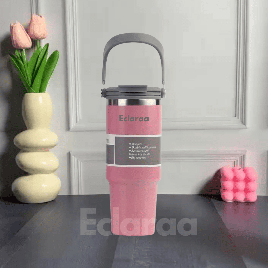Eclaraa 900ml Pink insulated tumbler with handle and straw