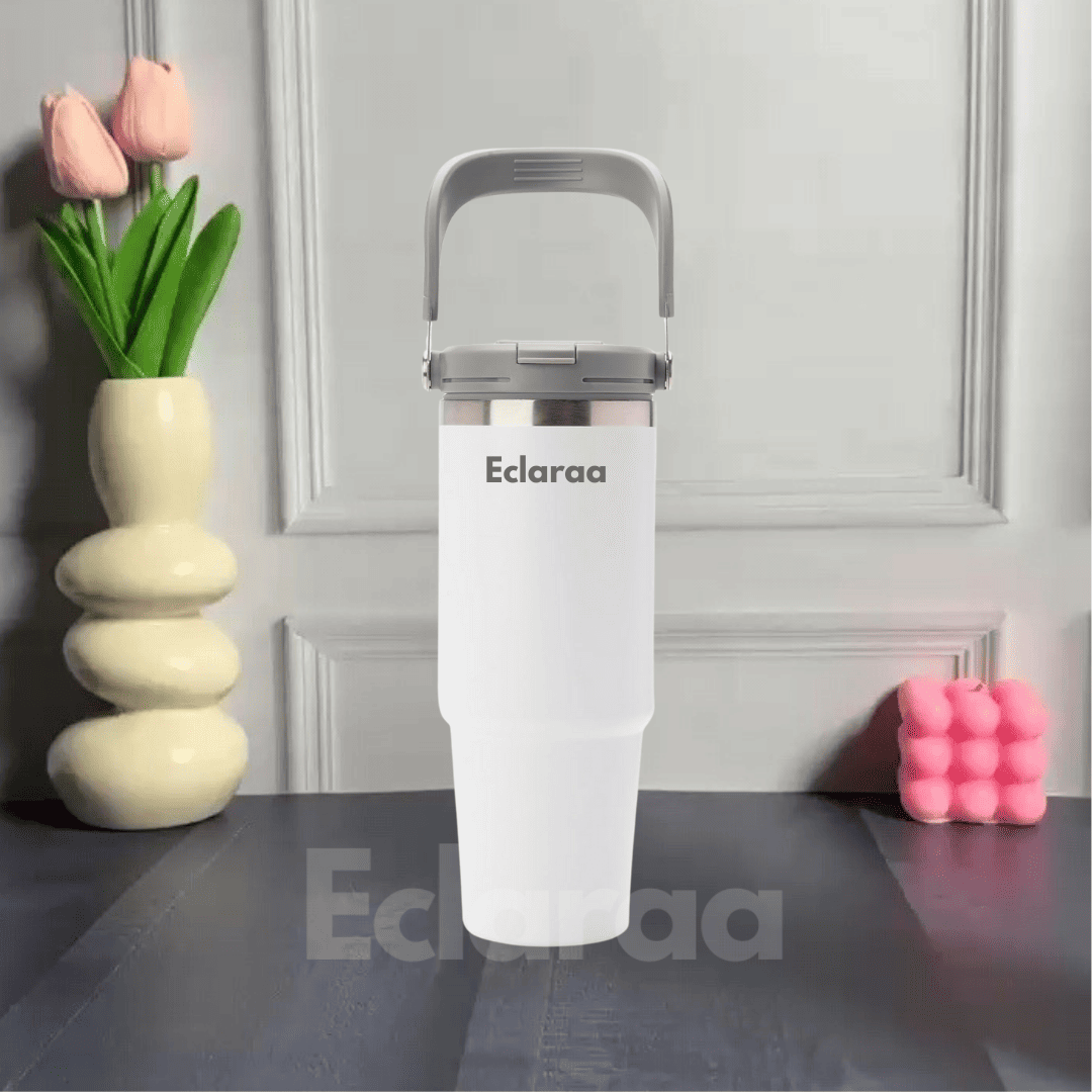 Eclaraa 900ml white insulated tumbler with handle and straw