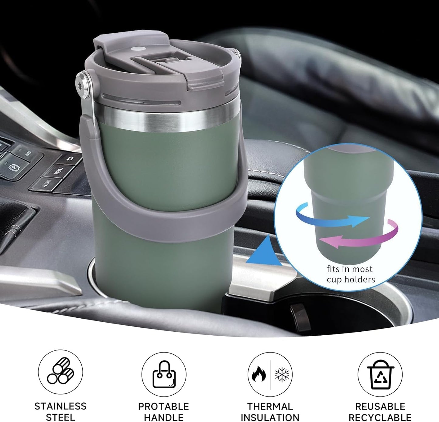 Green insulated travel mug on a car cup holder with features highlighted.