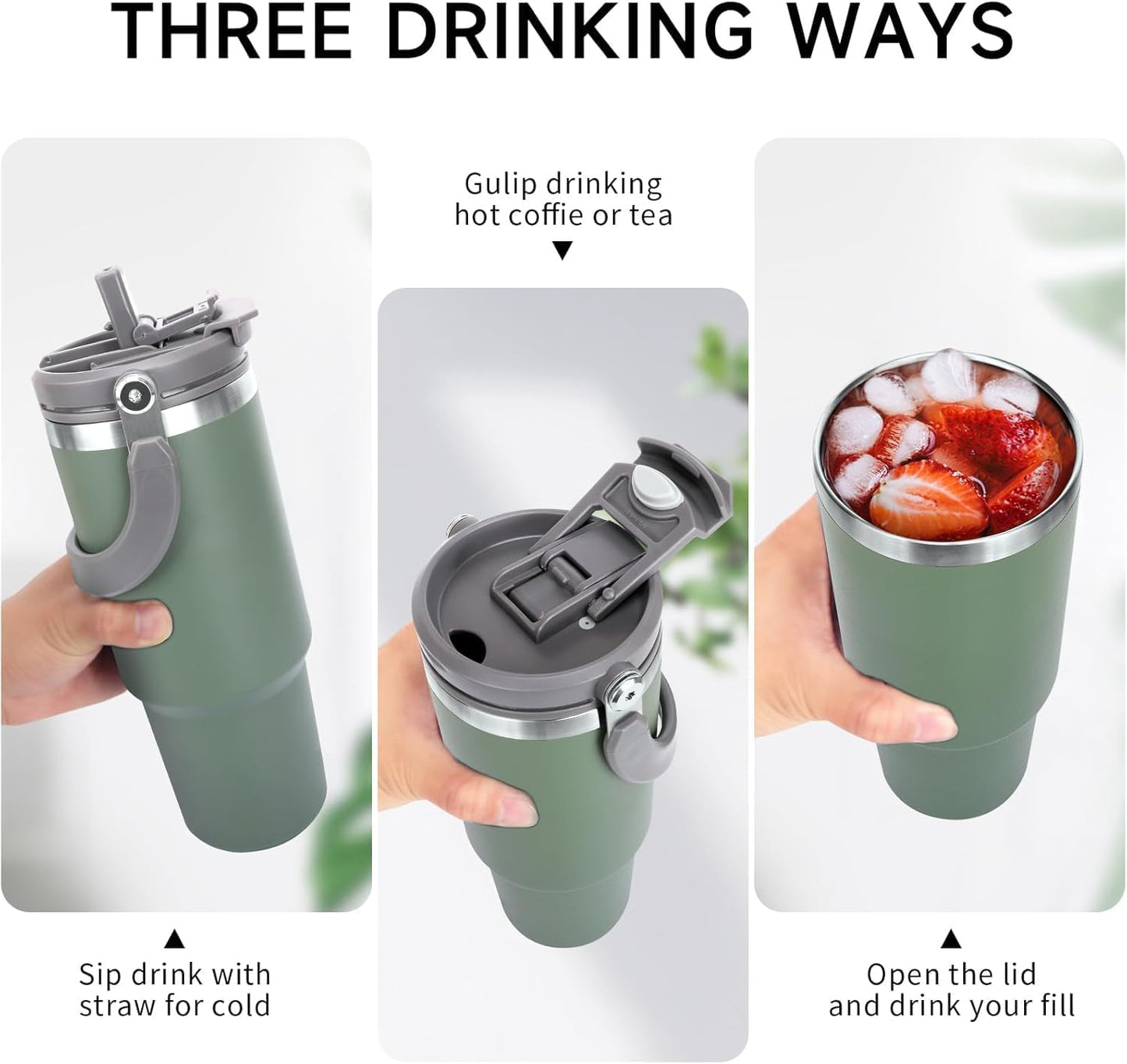 Green insulated tumbler with various drinking methods shown