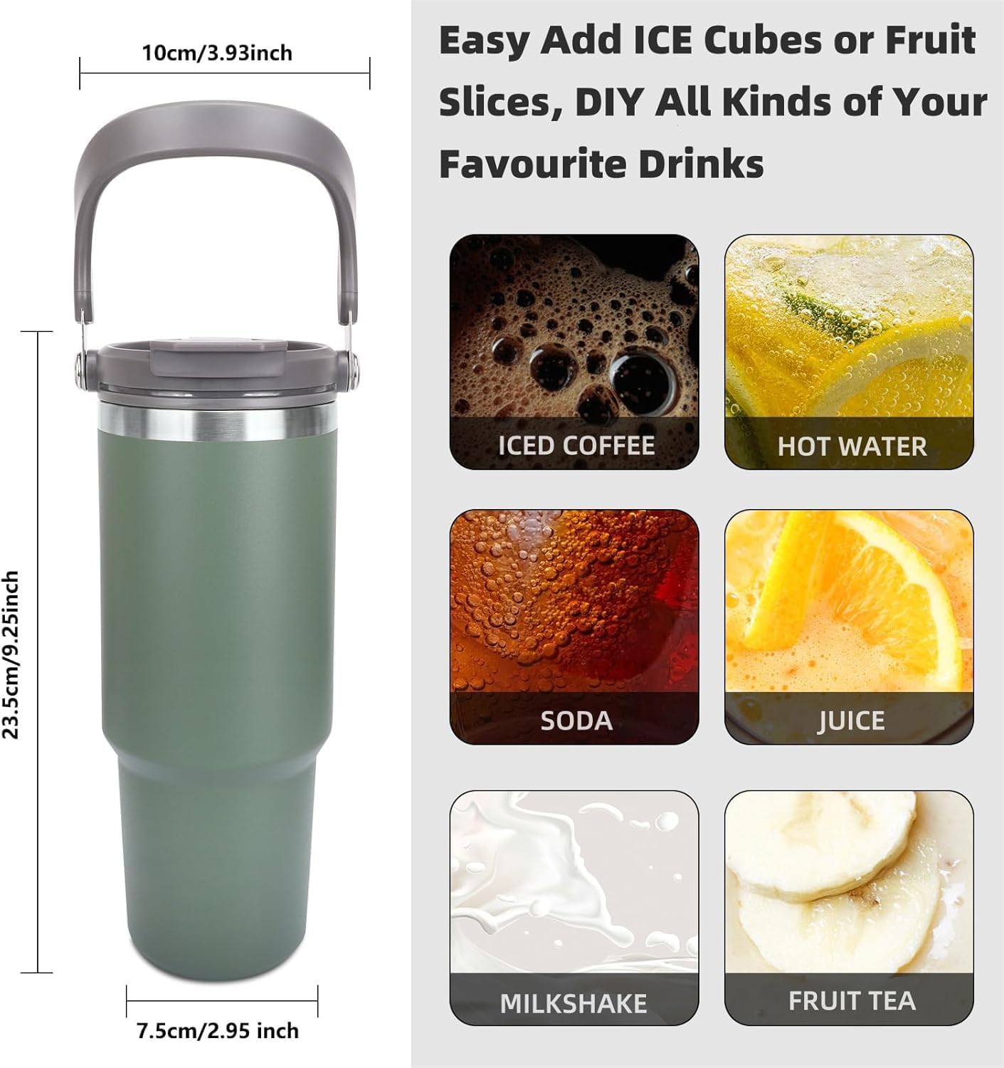 Green tumbler with handle and measurement details, used for various drinks.