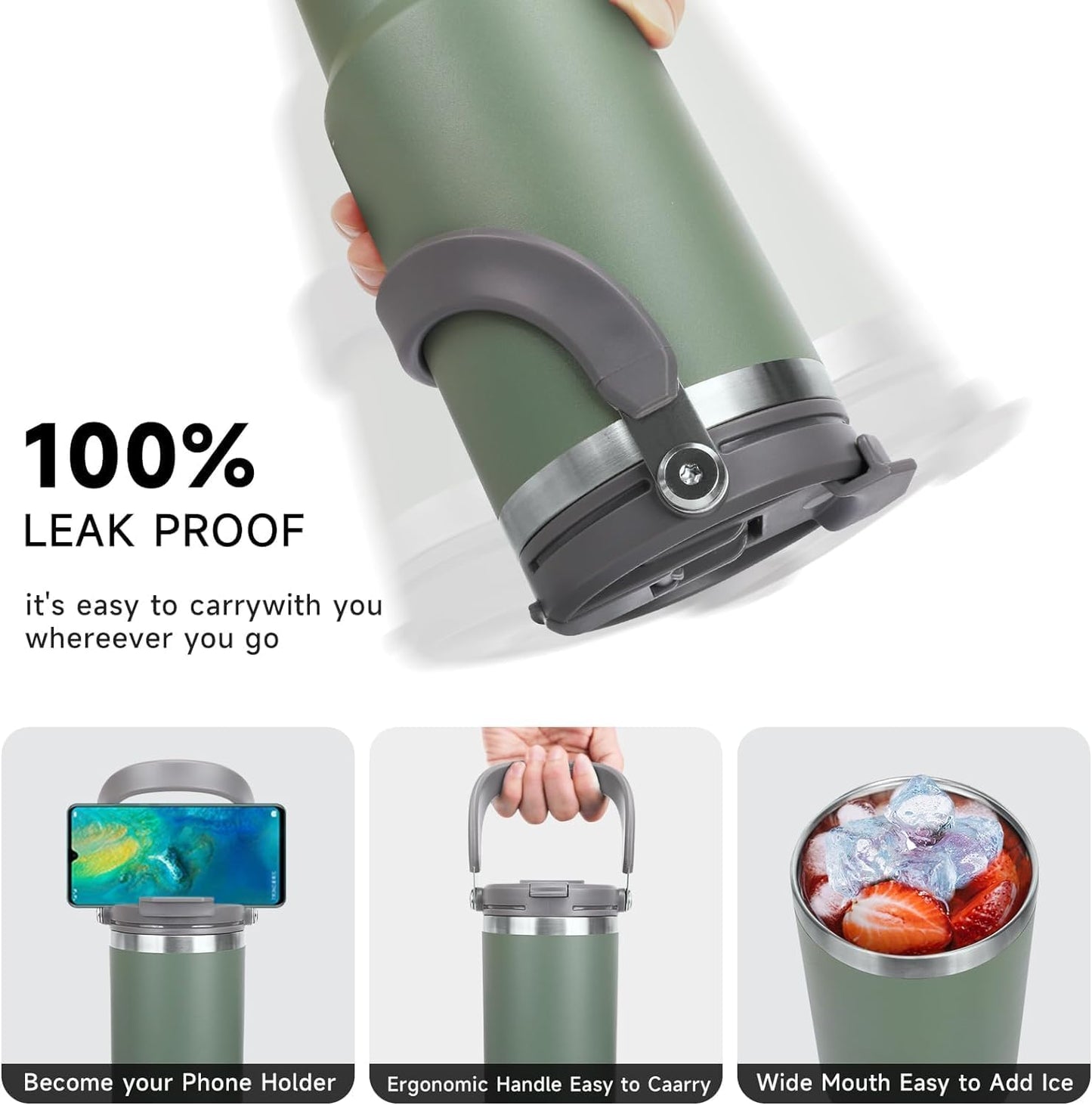 Green thermos with handle, phone holder, and ice cubes shown, labeled as 100% leak proof.