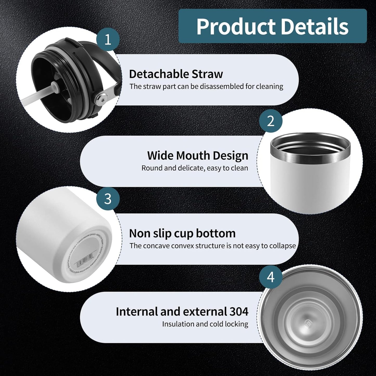 Product details of a white bottle with features highlighted