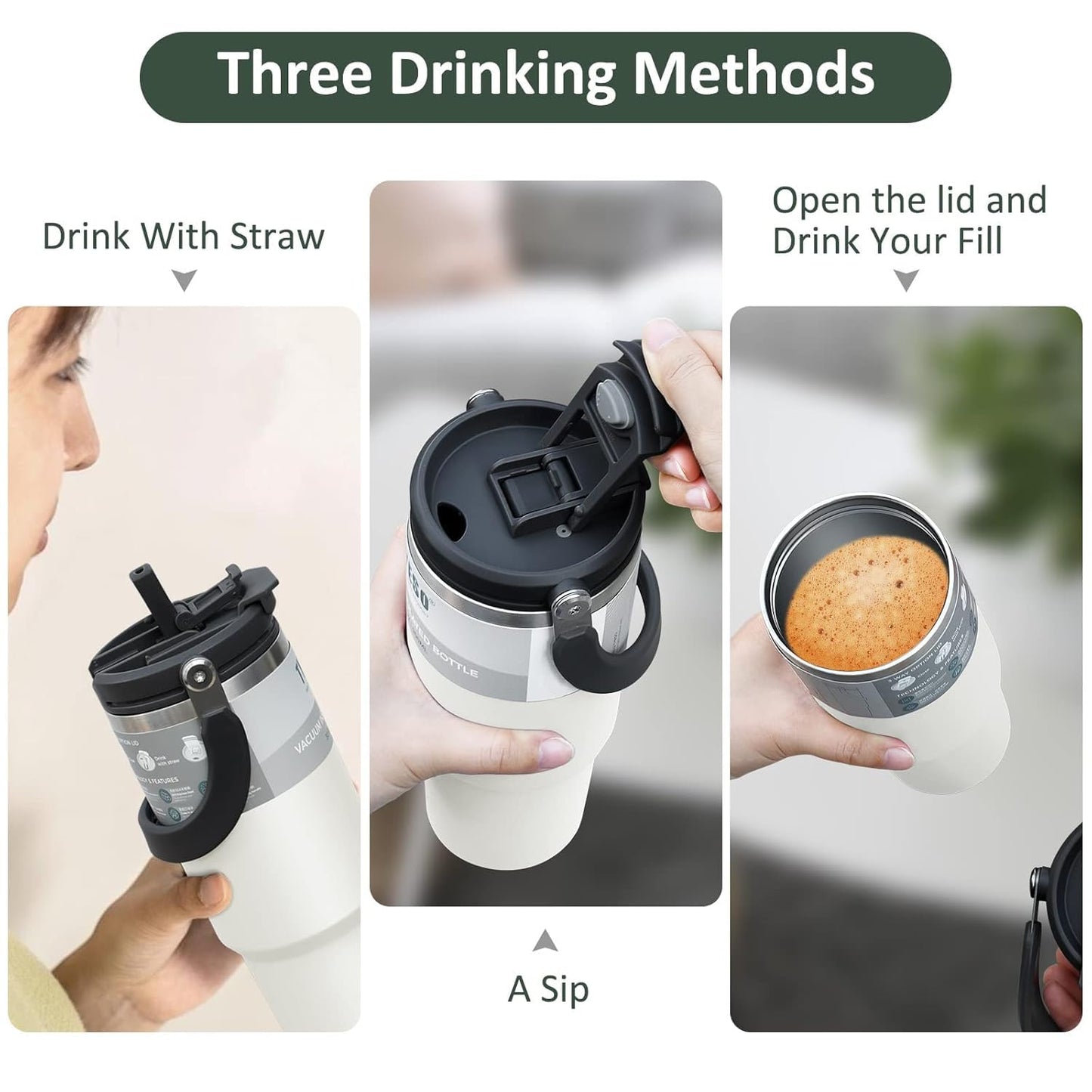 Three methods of using a tumbler with straw, open lid, and sipping.
