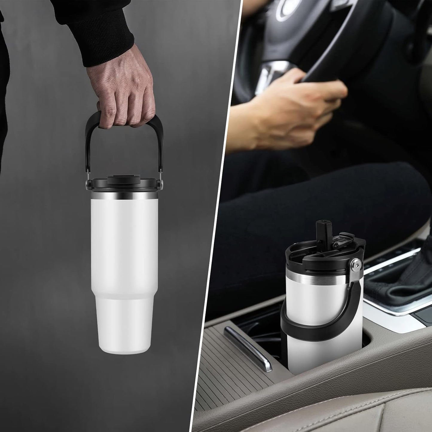 A person holding a white insulated travel mug, using a car cup holder with a black insulated travel mug.