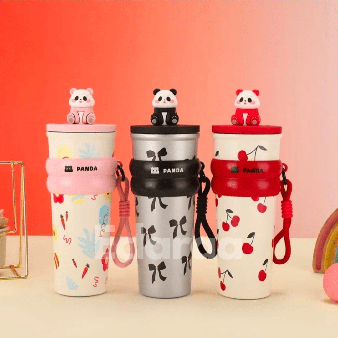 Three panda-themed tumblers with unique designs and cute for kids