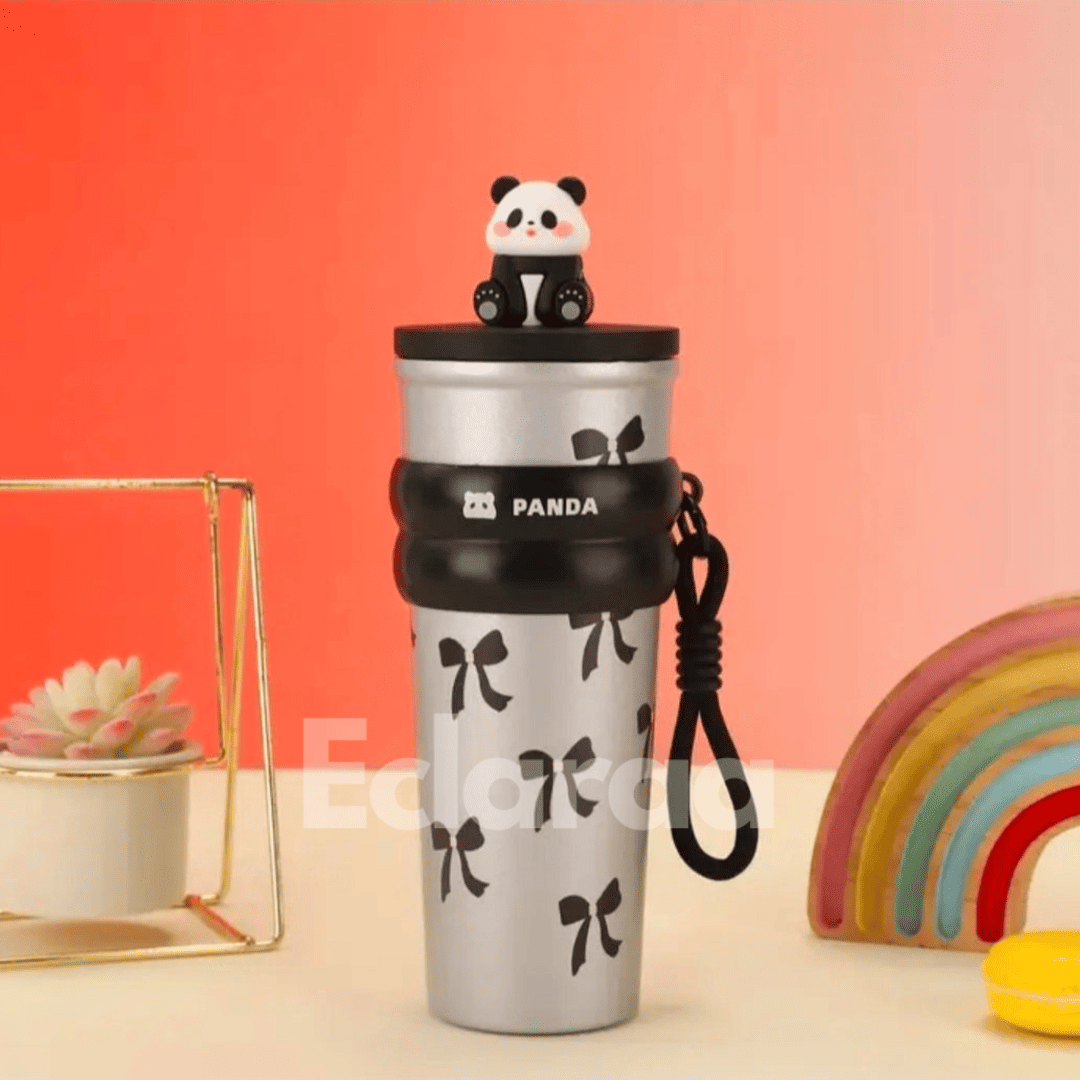 Black Pookie Panda Sipper 700ml insulated stainless steel tumbler with straw with cute lid