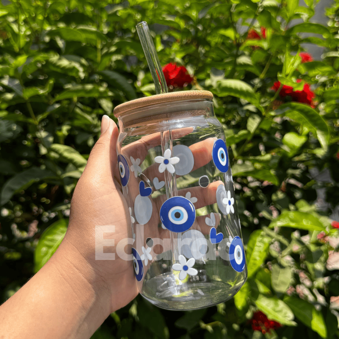Evil eye UVDTF glass tumbler with bamboo lid and reusable glass straw – 540ml