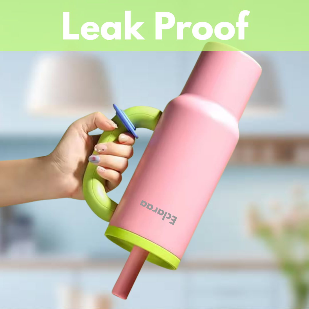 Pink leak-proof bottle held by a hand with