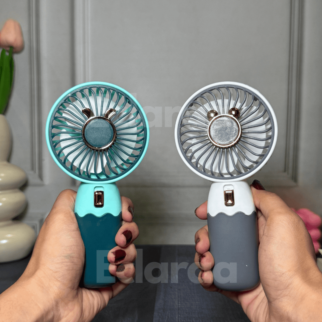 Two handheld mini-fans, one blue and one gray, rechargeable and portable mini-fans