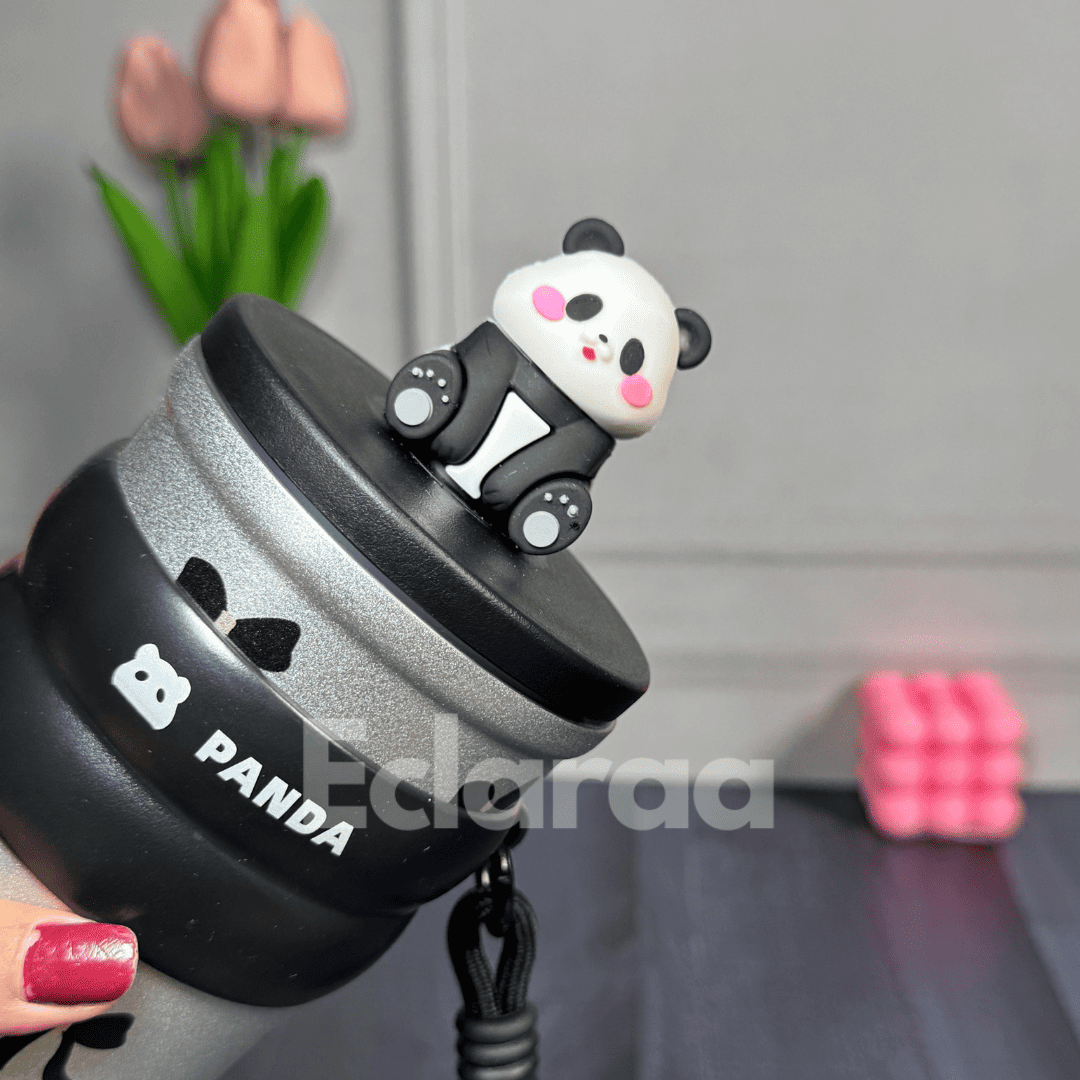 Black Pookie Panda Sipper 700ml insulated stainless steel tumbler with straw and lid