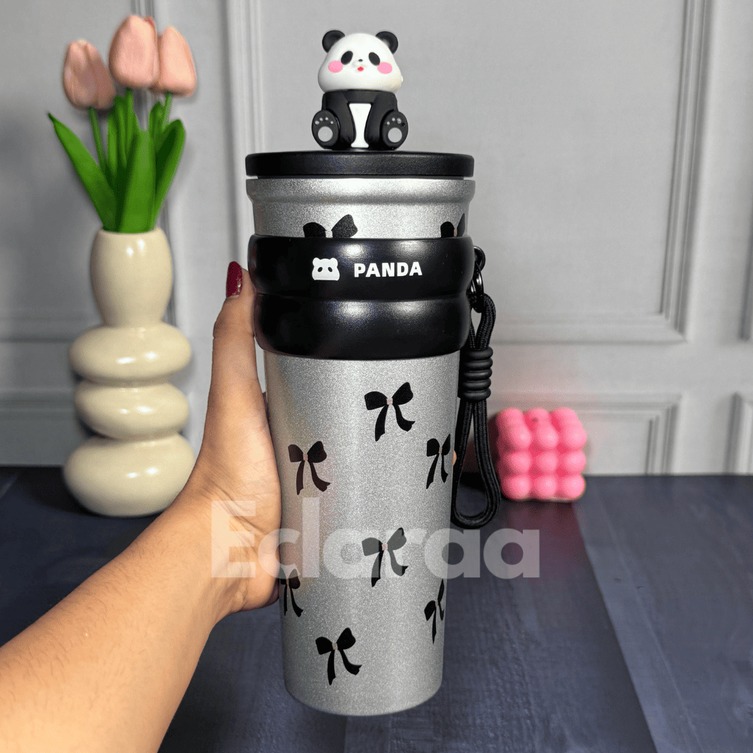 Black Pookie Panda Sipper 700ml insulated stainless steel tumbler with straw