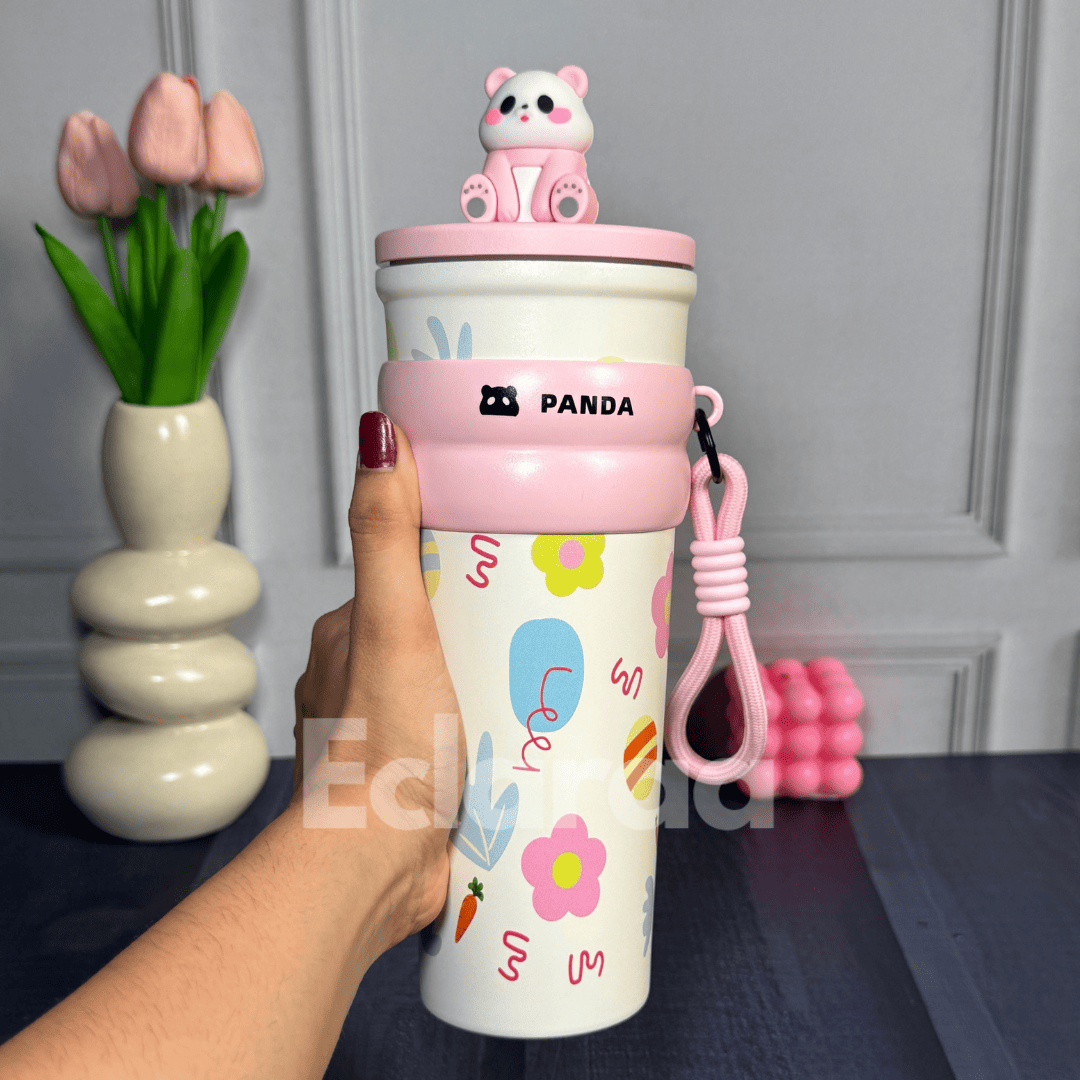 Pink Pookie Panda Sipper 700ml insulated stainless steel tumbler with straw