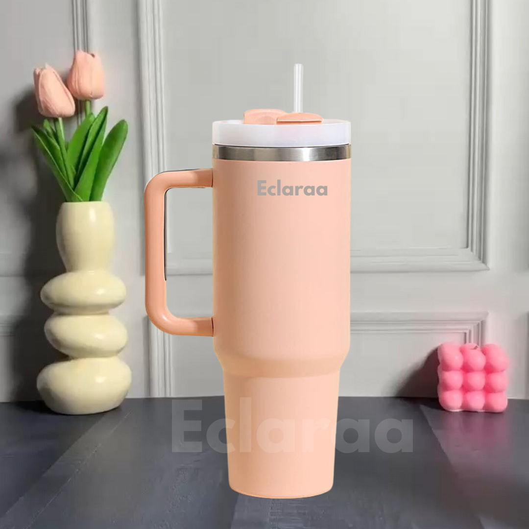 Peach 40oz double-wall tumbler with name engraving and lid