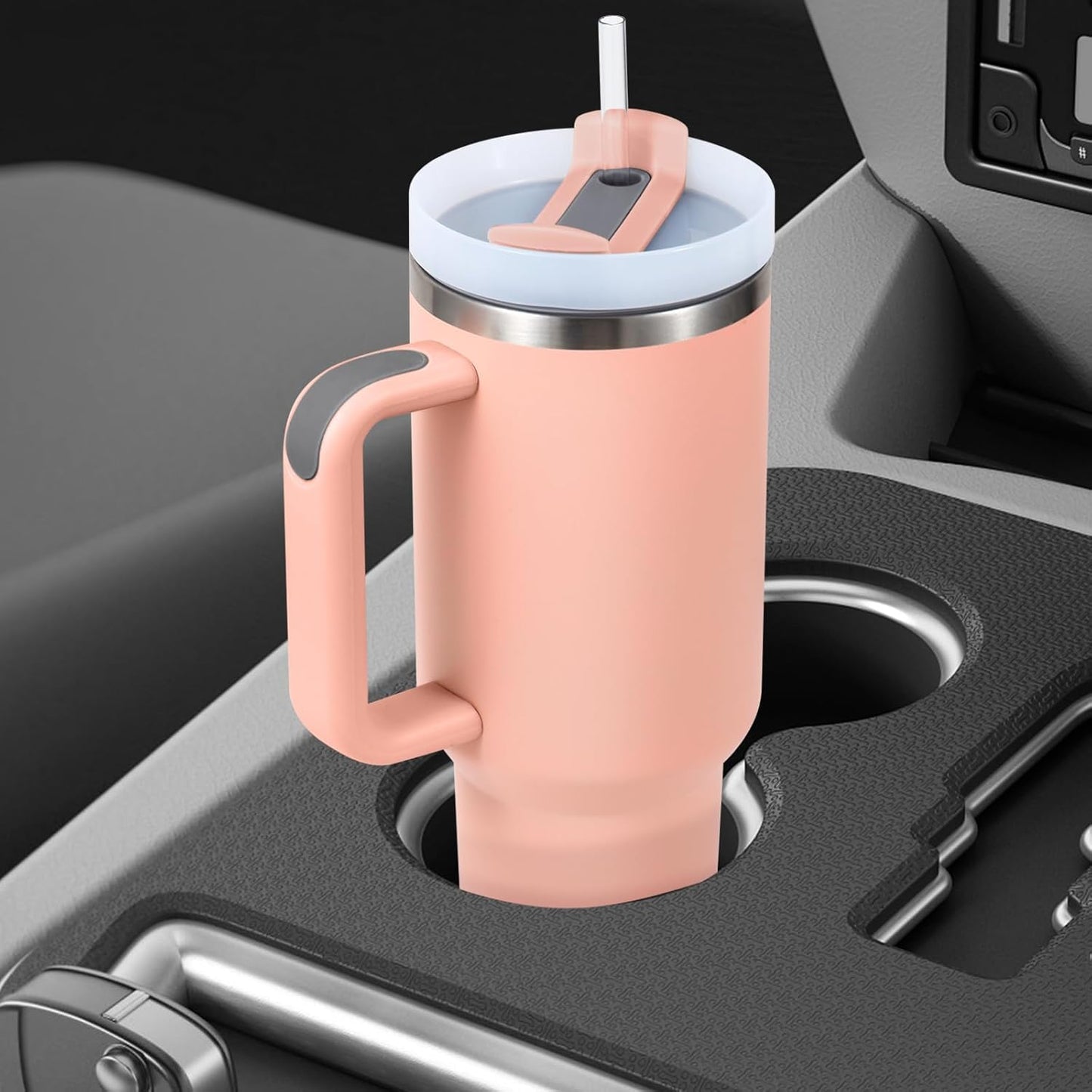 peach personalized tumbler in car cup holder – perfect for travel