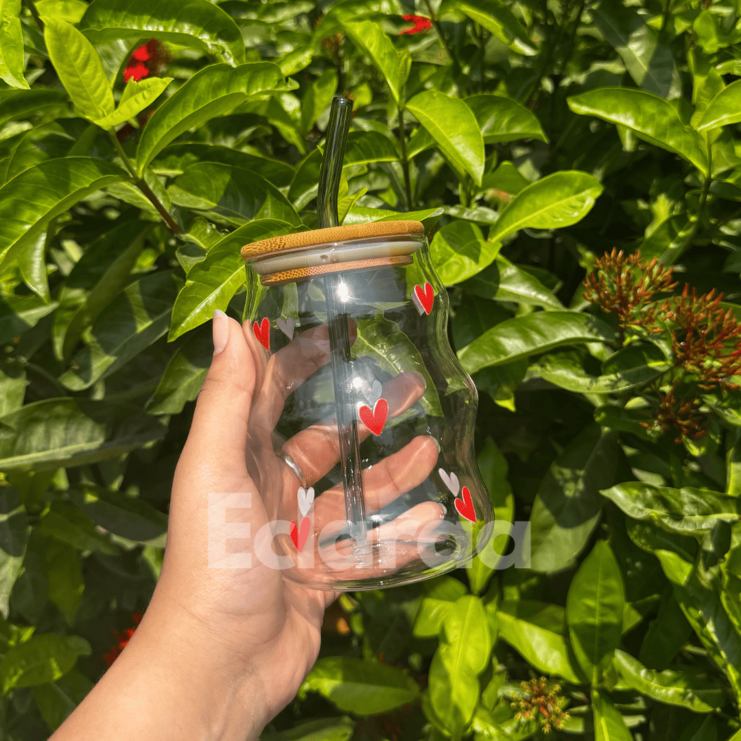Red heart UVDTF glass tumbler with bamboo lid and reusable straw – 530ml