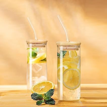 410ml Square Glass Tumbler – side profile with eco-friendly bamboo lid