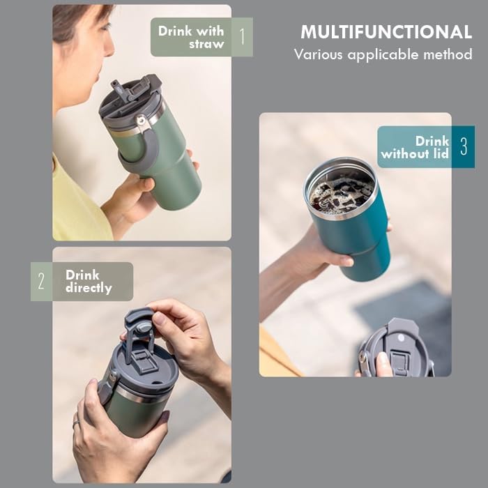 Multifunctional tumbler with straw and without lid usage instructions.