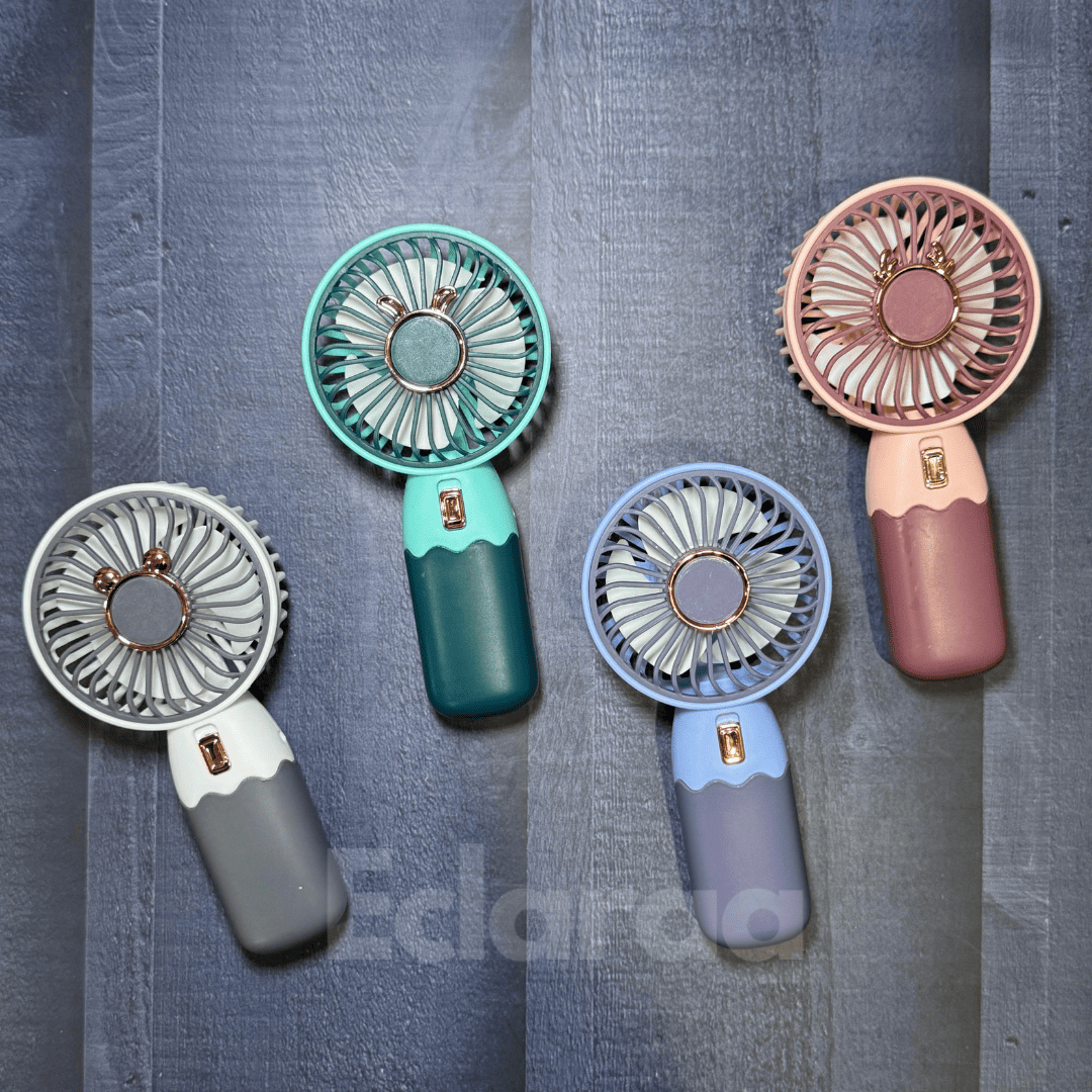 white, pink, blue and mint green all colors cute mini fans. you can easily carry along with you anytime everywhere.