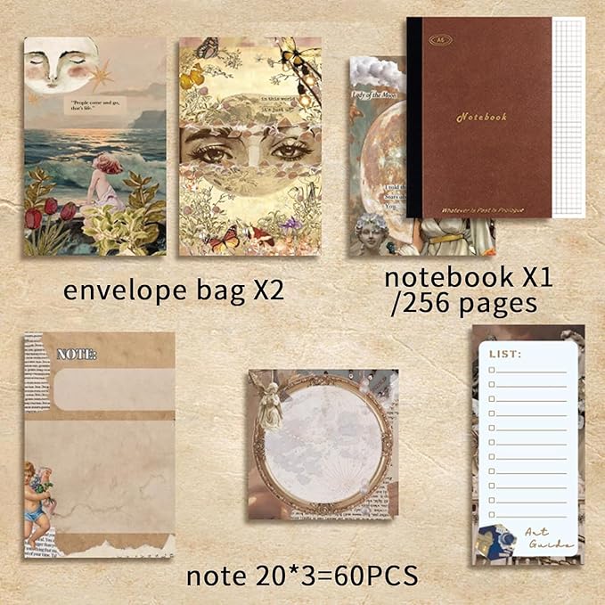 Full contents of 164-piece creative art guide journaling kit laid out flat