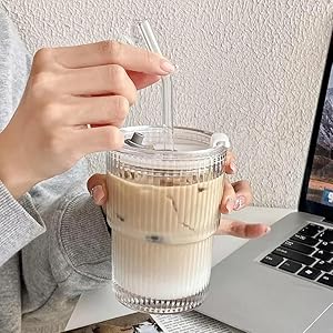 350ml glass travel sipper with lid and straw for tea, juice, and coffee