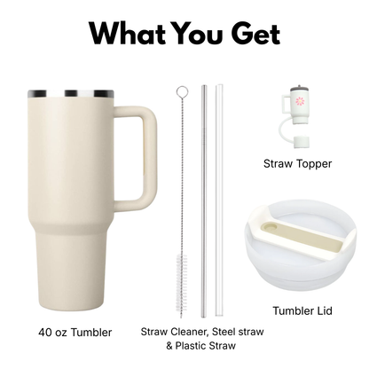 40 oz cream tumbler with straw topper, straw cleaner, steel straw, and plastic straw 