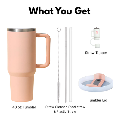 40 oz peach tumbler with accessories including a straw topper, straw cleaner, steel straw, and plastic straw 