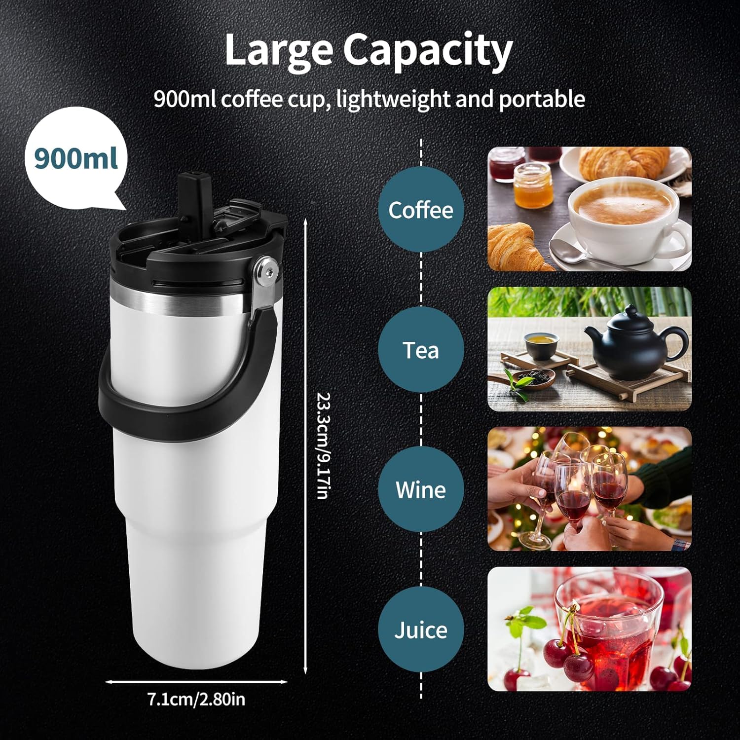 900ml coffee cup with capacity details and usage scenarios