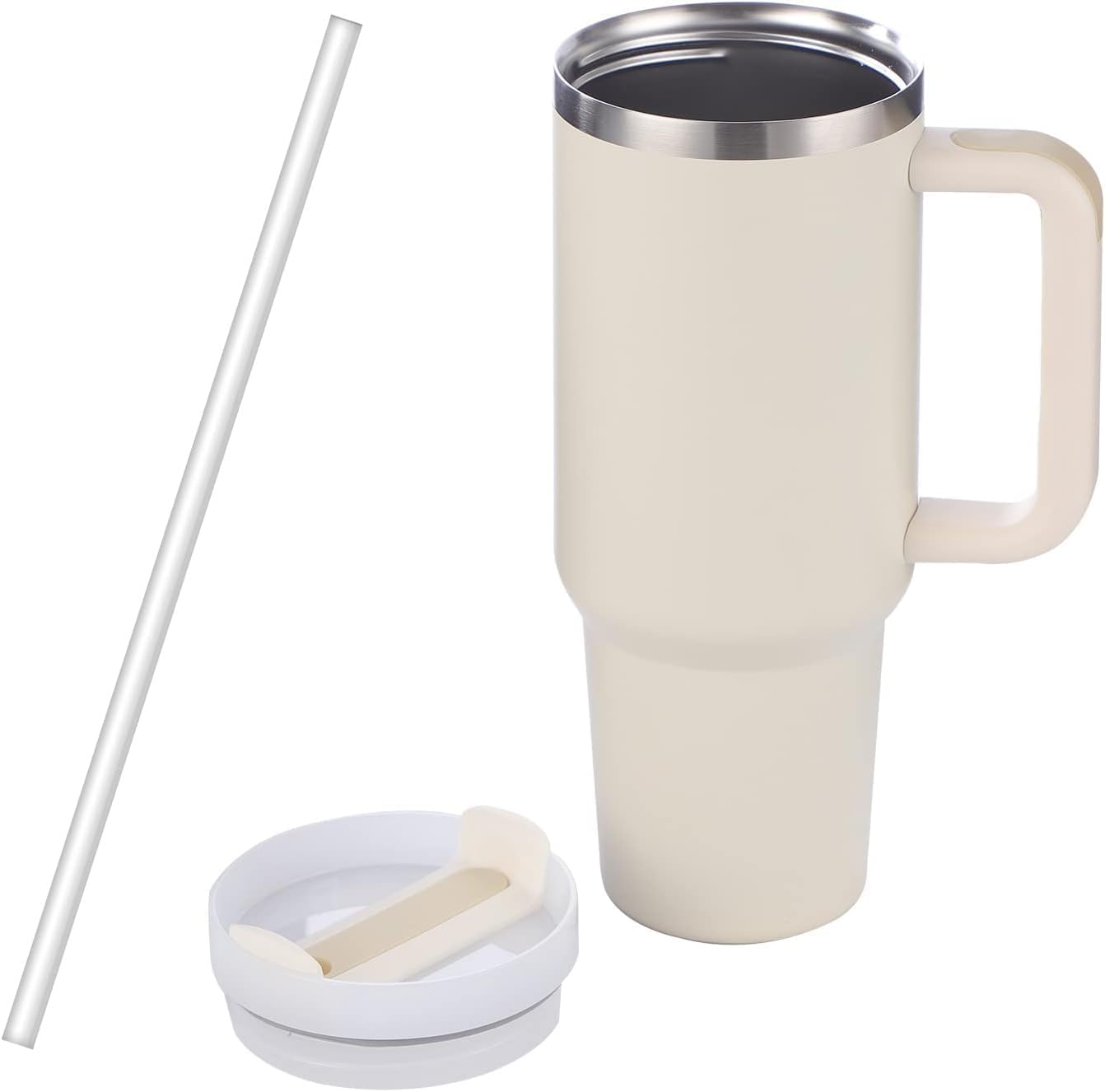 Beige travel mug with handle, straw, and lid 1200ml