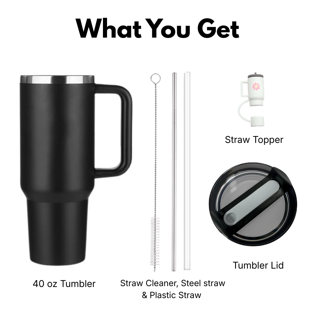 Black 40oz  tumbler with straw topper, straw cleaner, and lid 
