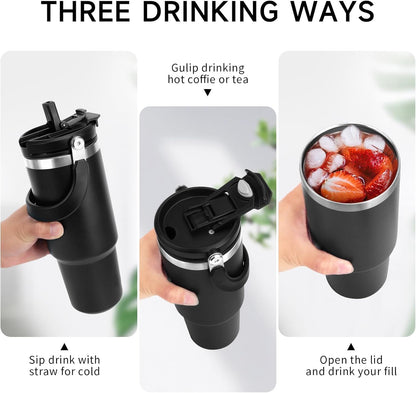 Black insulated tumbler with various drinking methods shown on a white background