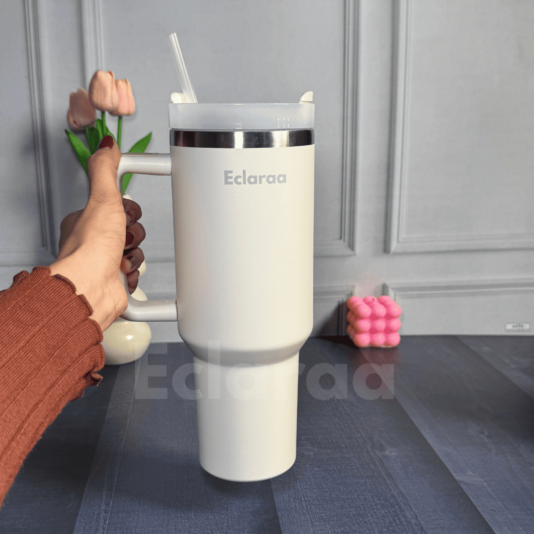 Cream 1200m insulated tumbler with lid and straw
