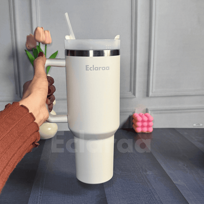 Cream 1200m insulated tumbler with lid and straw