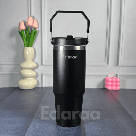 900ml Black insulated tumbler with handle ,Eclaraa branding visible