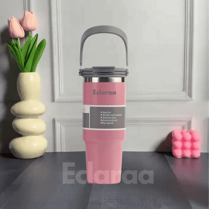 Eclaraa 900ml Pink insulated tumbler with handle and straw