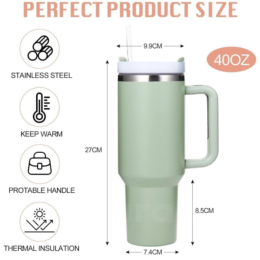 Green travel mug with measurements and features 