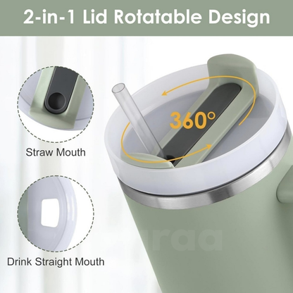 Green tumbler with a rotatable lid featuring straw and drink straight mouth designs on a white background.