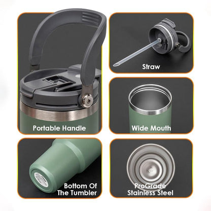 Green tumbler with various features highlighted 