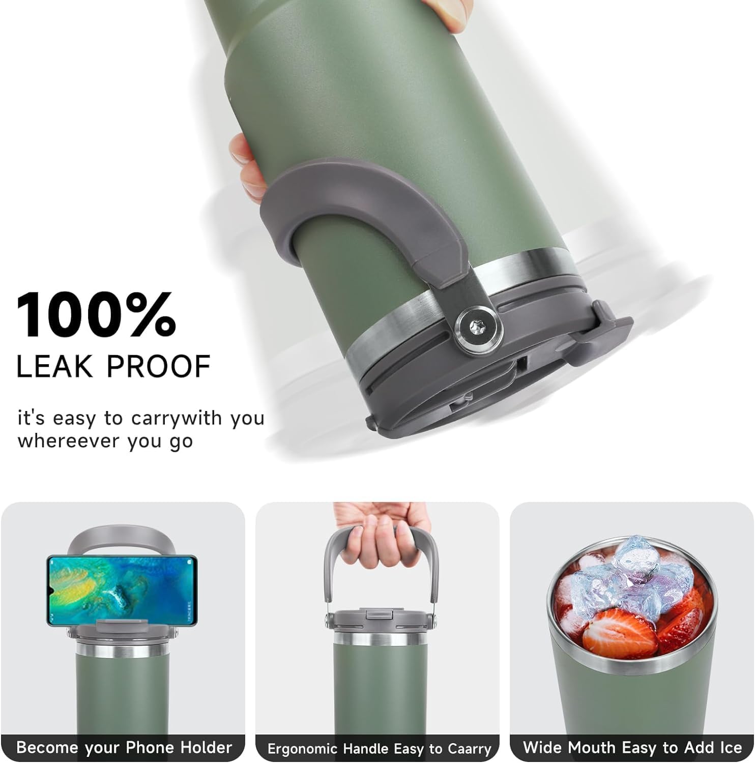 Green thermos with handle, phone holder, and ice cubes shown, labeled as 100% leak proof.
