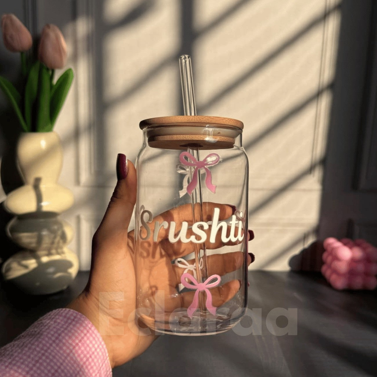 Personalized Cute Sipper 540ml | Pookie Round Glass Tumbler with lid and straw