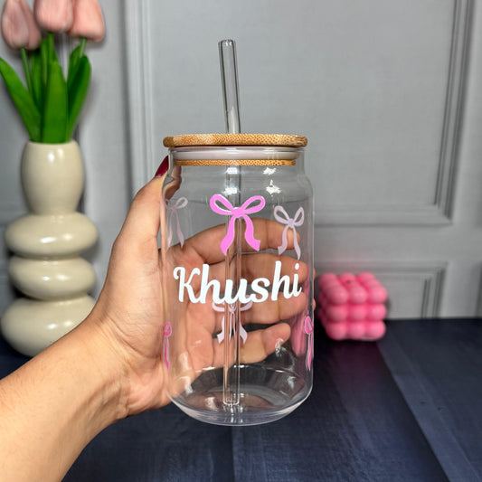 Transparent glass tumbler with lid and straw – 540ml personalized gift