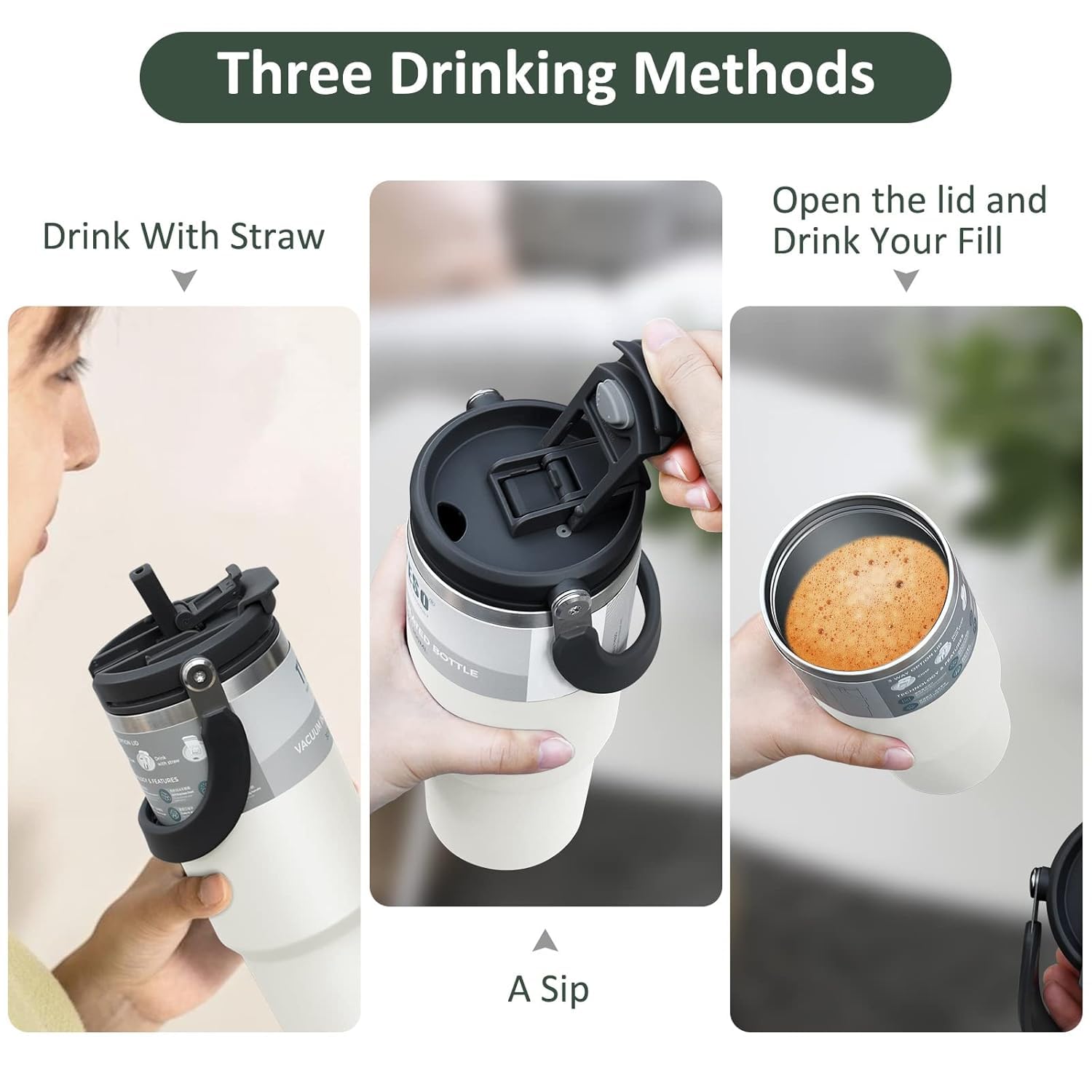 Three methods of using a tumbler with straw, open lid, and sipping.